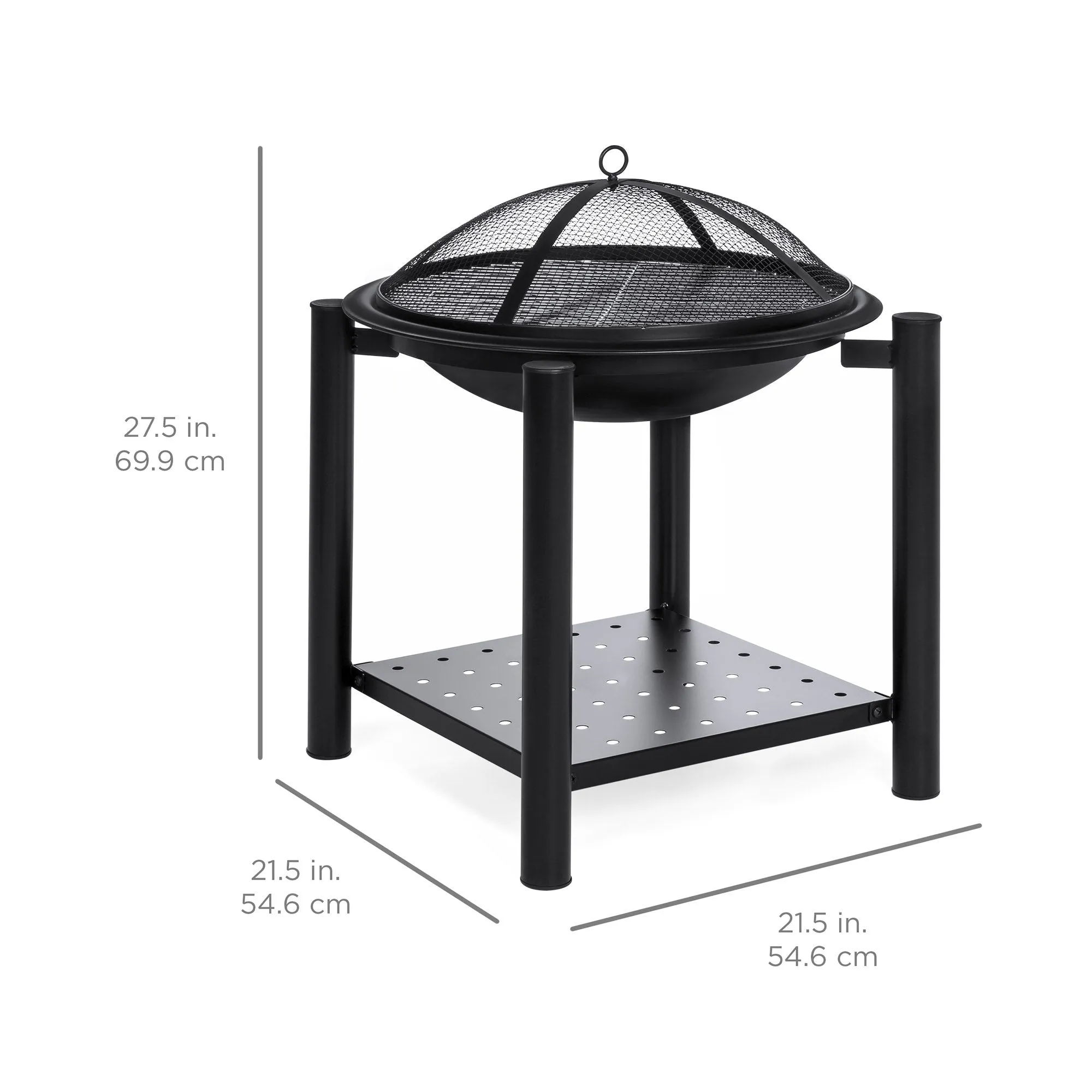 21.5in Fire Pit Bowl Table w/ Storage Shelf, Mesh Cover, Log Grate, Poker