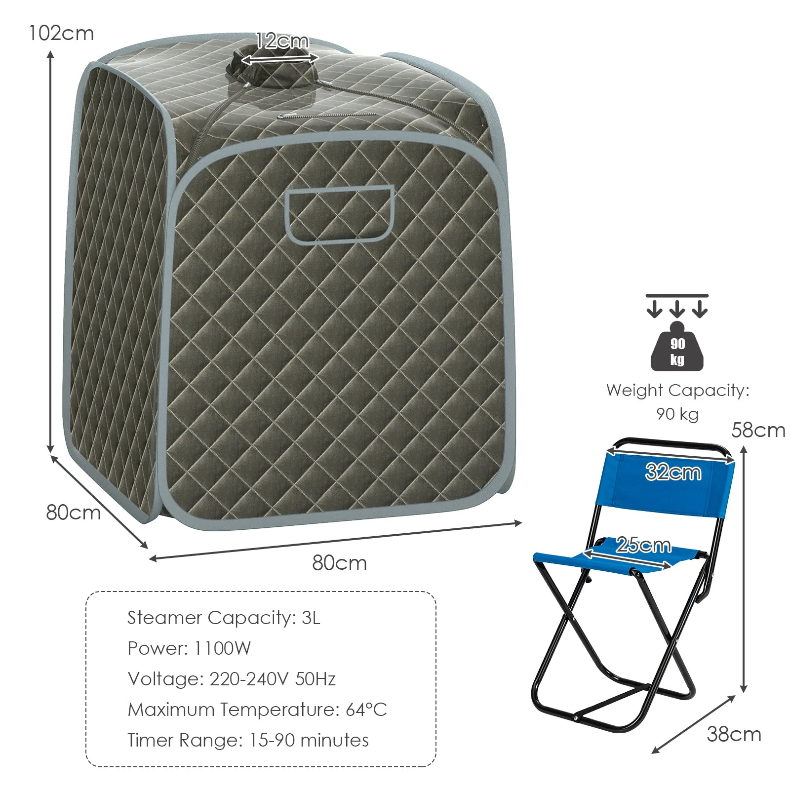 3L Folding Personal Spa Steam Pot with Chair-Grey
