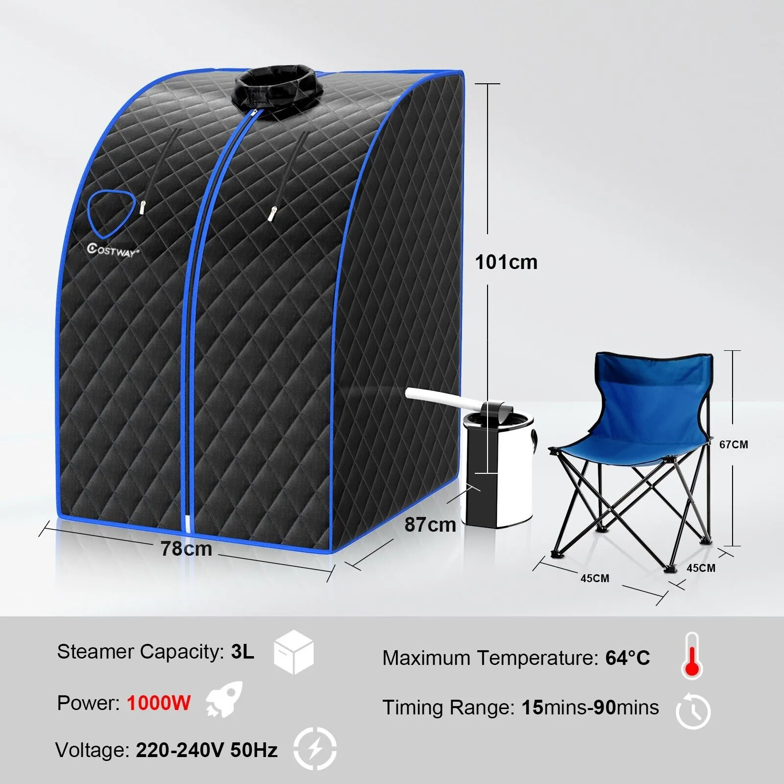 3L Portable Steam Sauna with 9-Level Temperature and Folding Chair-Black