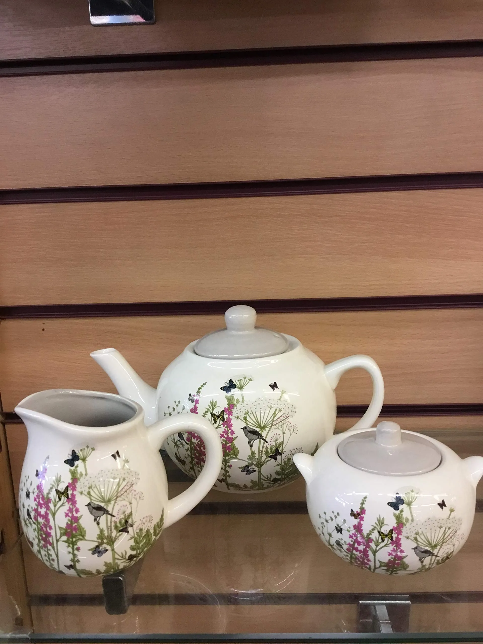 Butterflies and Birds Floral Tea Pot, Sugar Bowl and Small Jug Set