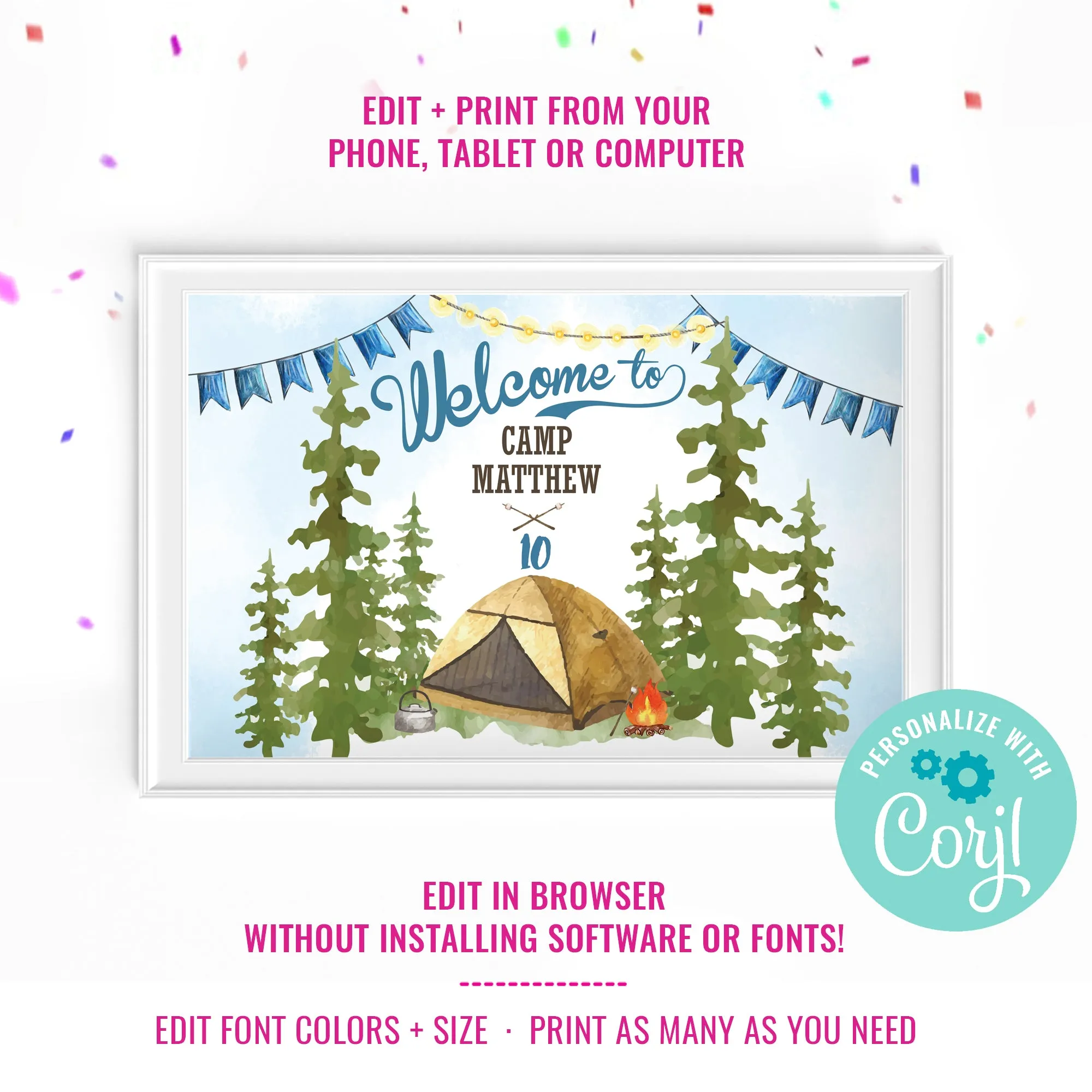 Camping Party Watercolor Welcome Signs | Camping Party Printable Sign