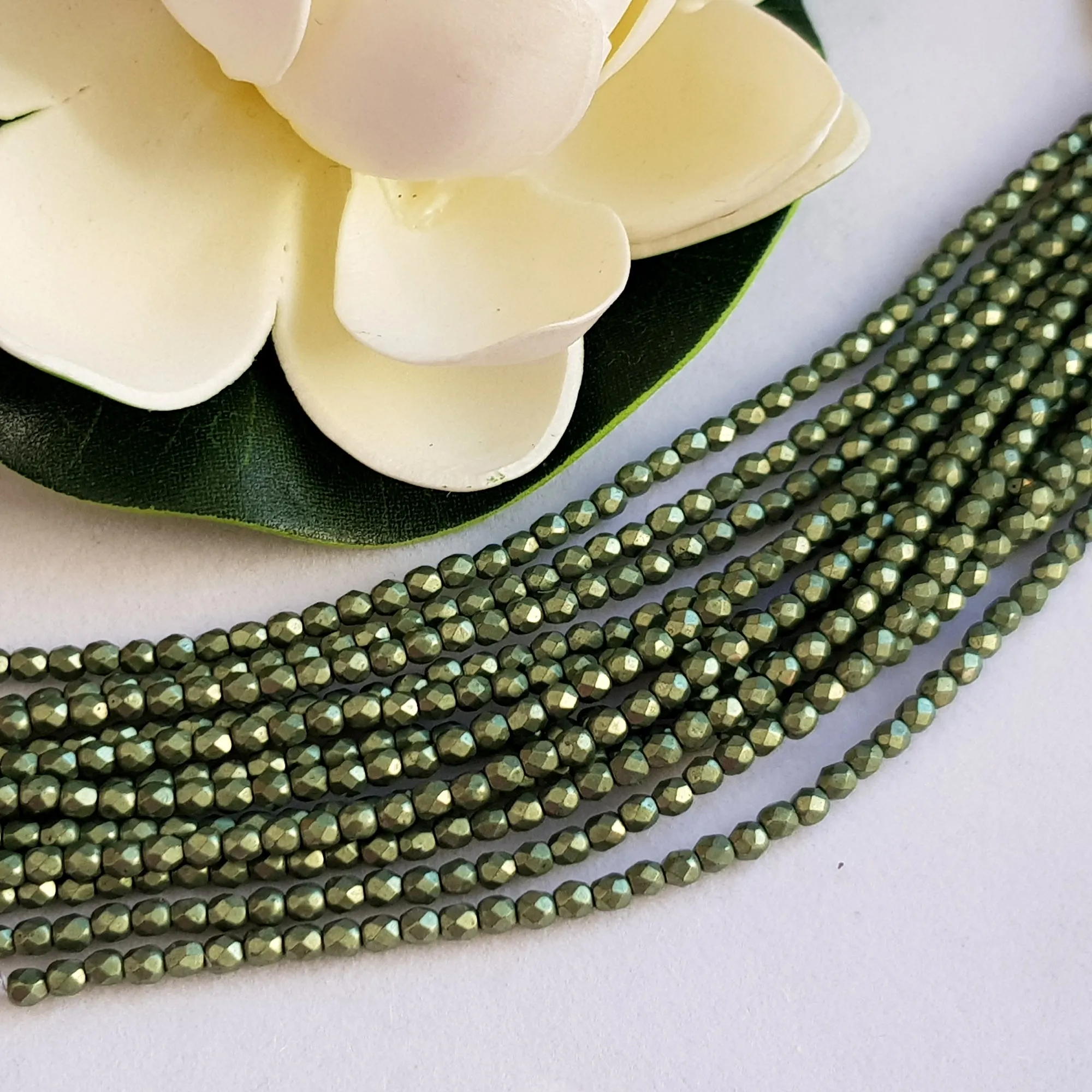 Czech Fire Polished 50 Bead Strand - Sueded Gold Fern 3mm Round Faceted  |  FP-08A06-CB-03 | Beading Supply