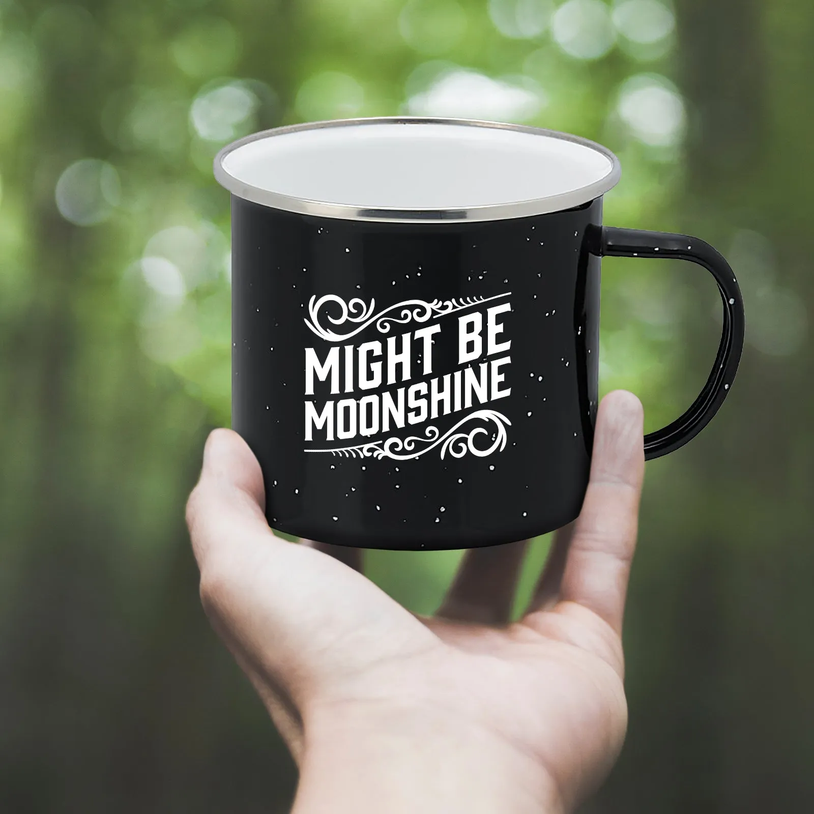 Enamel Camping Coffee Mug "Might Be Moonshine" Large Tin Cup, 15 Ounce (Midnight Black)