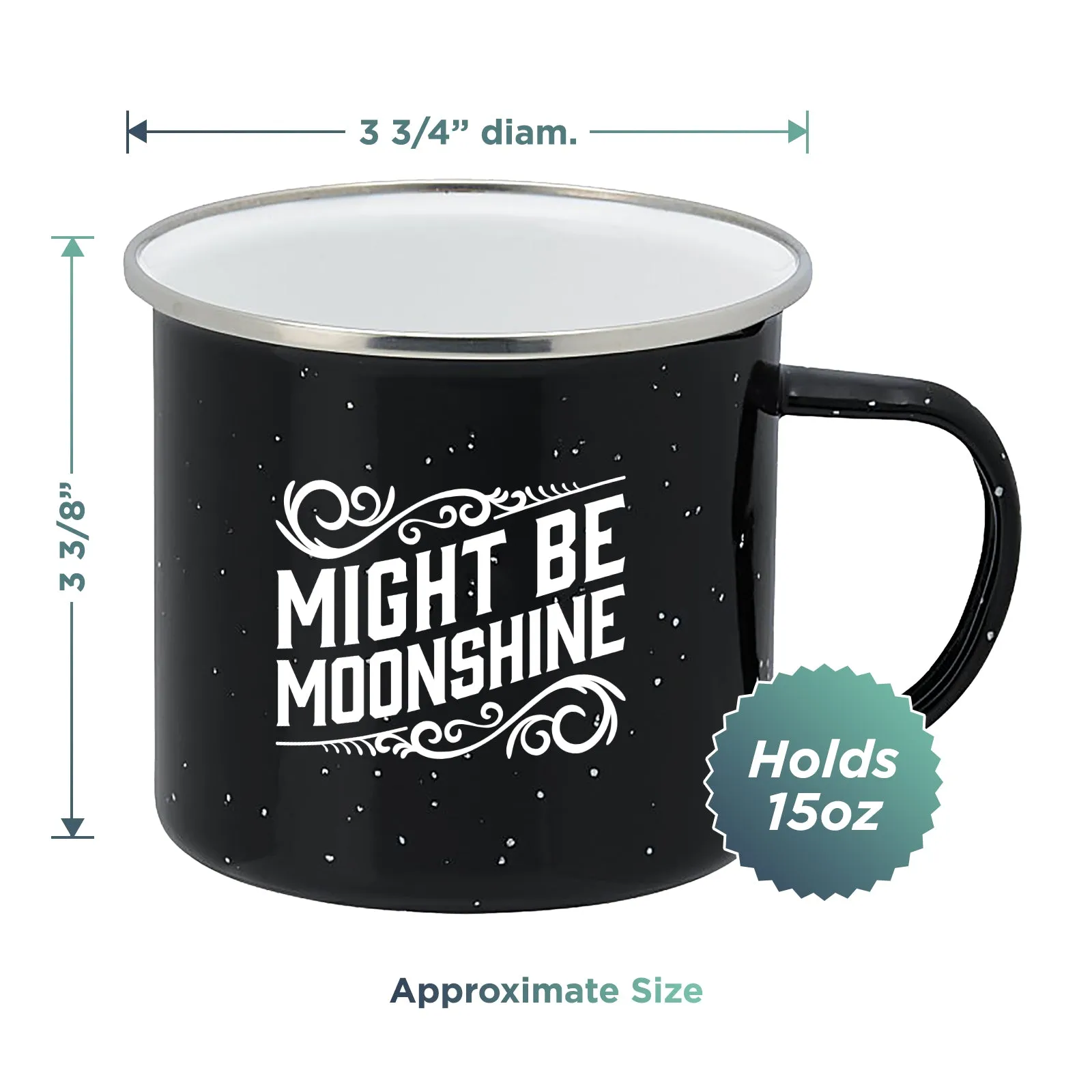 Enamel Camping Coffee Mug "Might Be Moonshine" Large Tin Cup, 15 Ounce (Midnight Black)