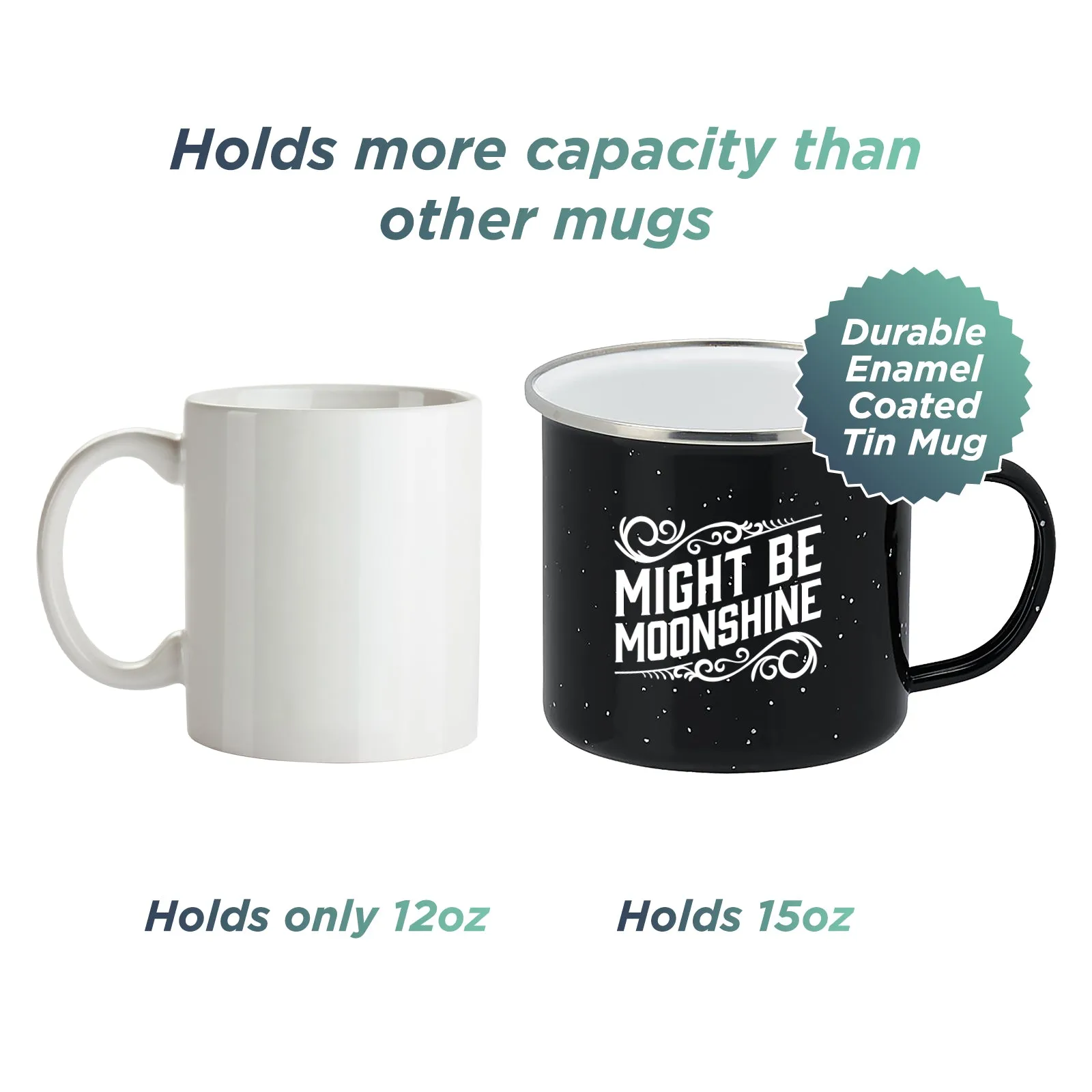 Enamel Camping Coffee Mug "Might Be Moonshine" Large Tin Cup, 15 Ounce (Midnight Black)