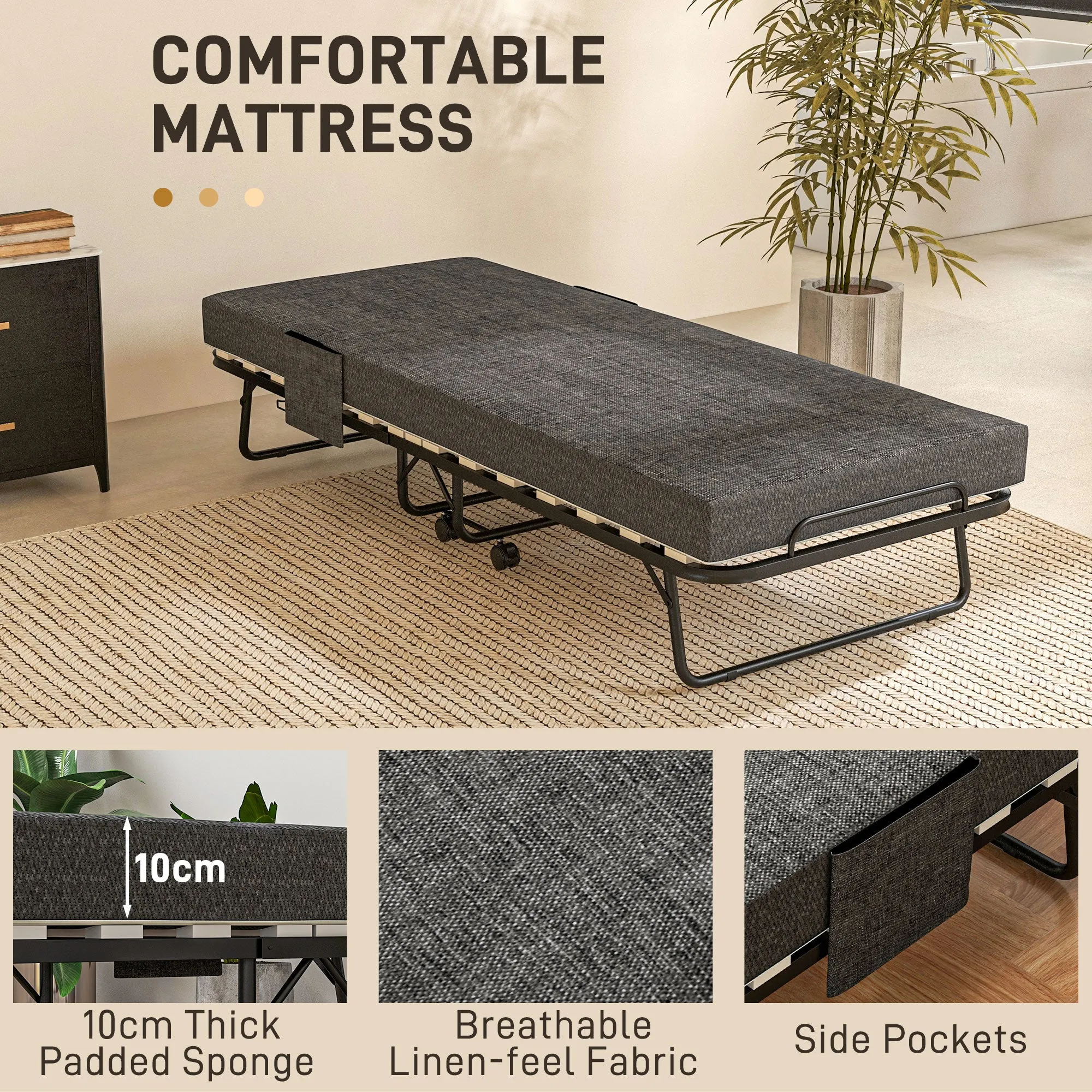 Folding Bed with Mattress Foldable Guest Bed on Wheels w/ Cover Dark Grey