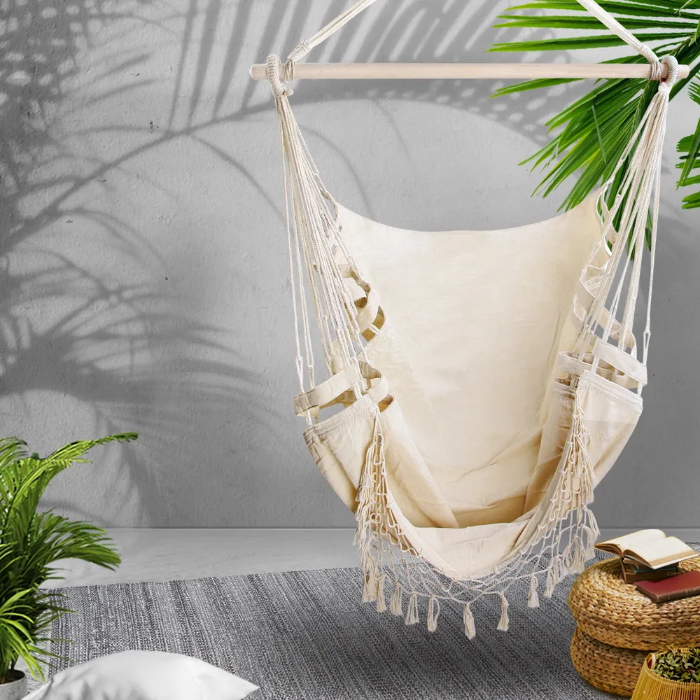 Gardeon Hanging Hammock Chair Outdoor Swing Hammocks Tassel Cream