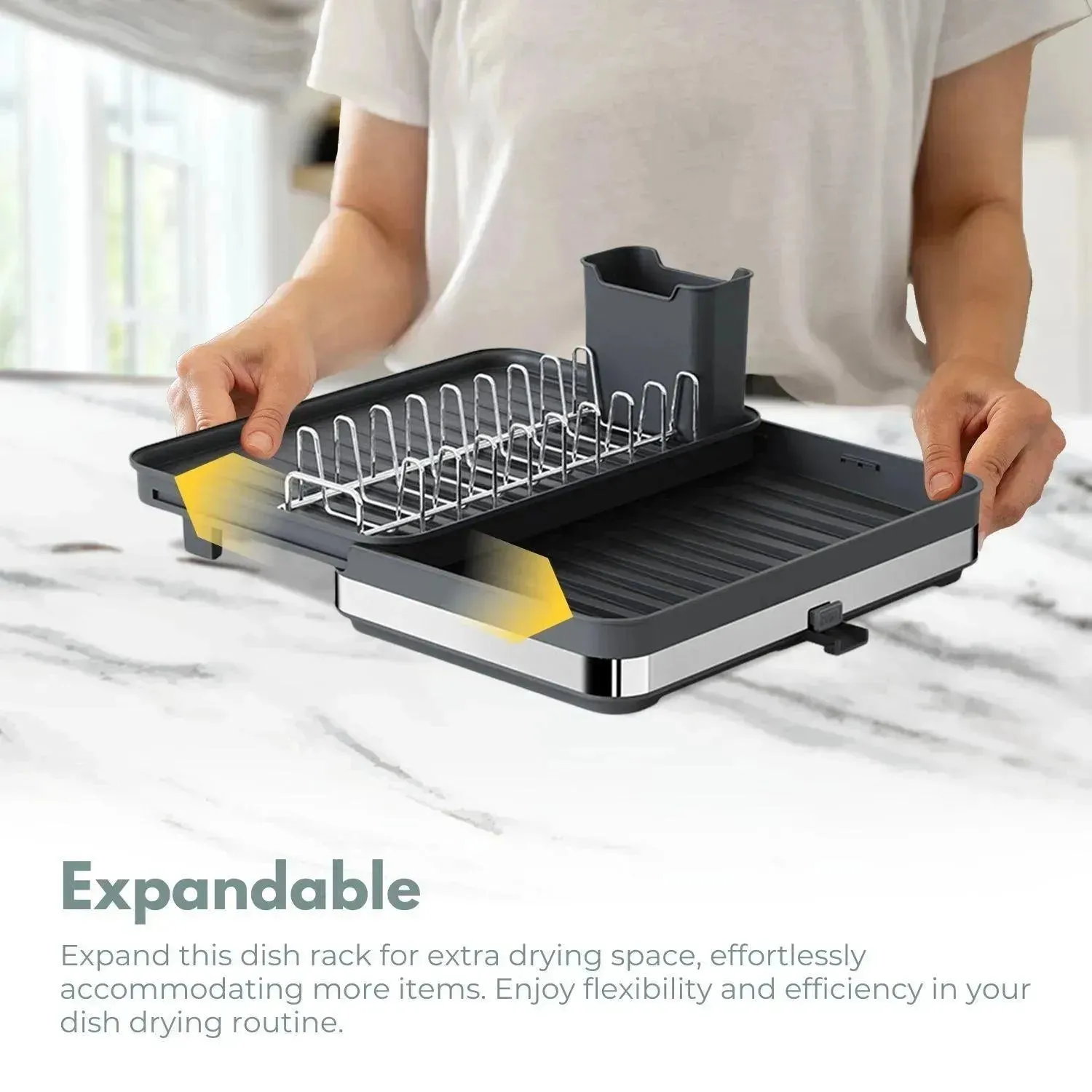 GOMINIMO Expandable Dish Drying Rack with Removable Cutlery Drainer and Utensils Holder (Black)