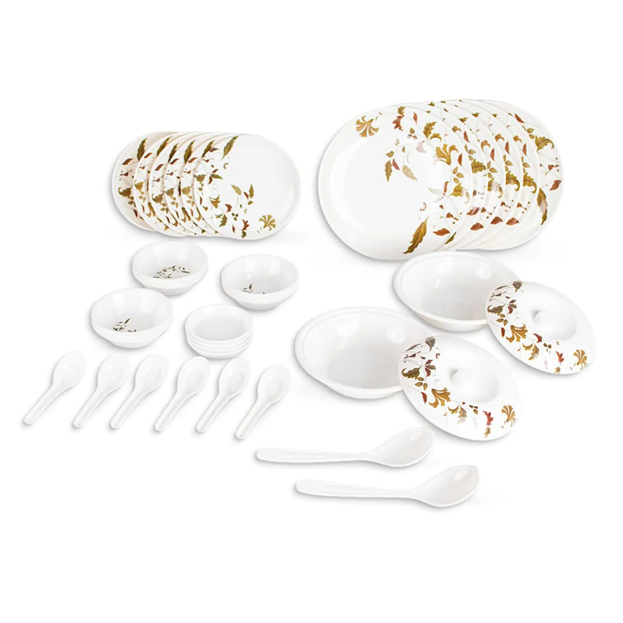 Kuber Industries 40 Pieces Round Melamine Microwave & Dishwasher Safe Dinnerware Kitchen Crockery Set | Glossy Dinner Sets & Kitchen Set for Home | Deluxe Brown Floral - White