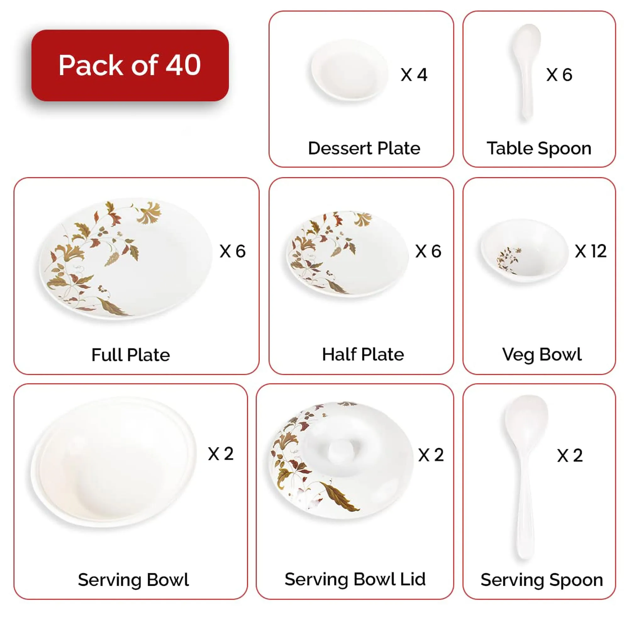 Kuber Industries 40 Pieces Round Melamine Microwave & Dishwasher Safe Dinnerware Kitchen Crockery Set | Glossy Dinner Sets & Kitchen Set for Home | Deluxe Brown Floral - White