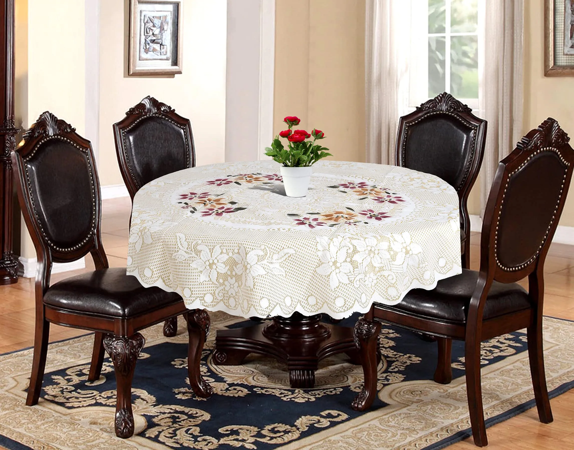 Kuber Industries Cotton Round Table Cover with Flower Design for Parties, Birthdays or Special Holiday Gatherings & Indoor/Outdoor (Cream)