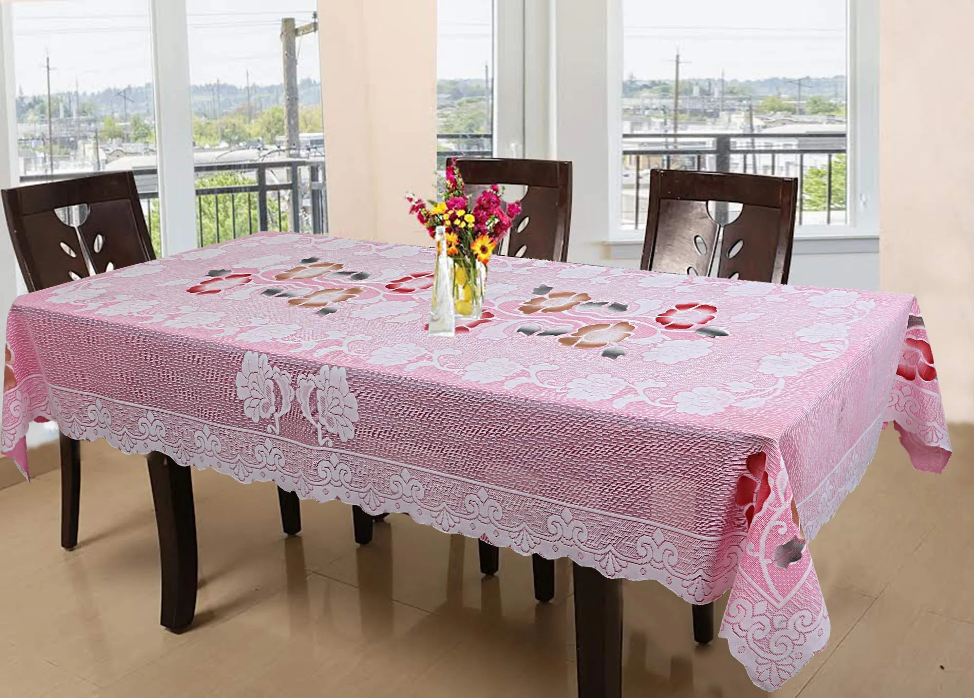 Kuber Industries Dining Table cover 6 Seater|Table Cloth|Table Cover for Home, Restaurant| Floral Cotton (Pink)