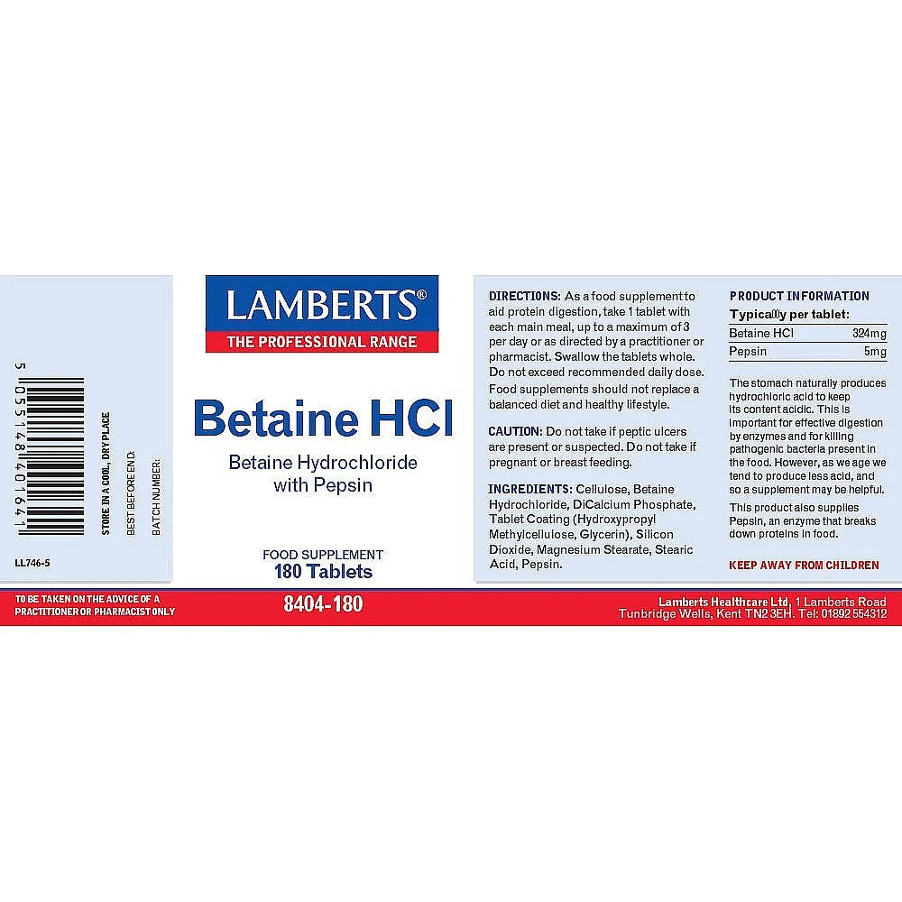 Lamberts Betaine HCL With Pepsin 180 Tablets