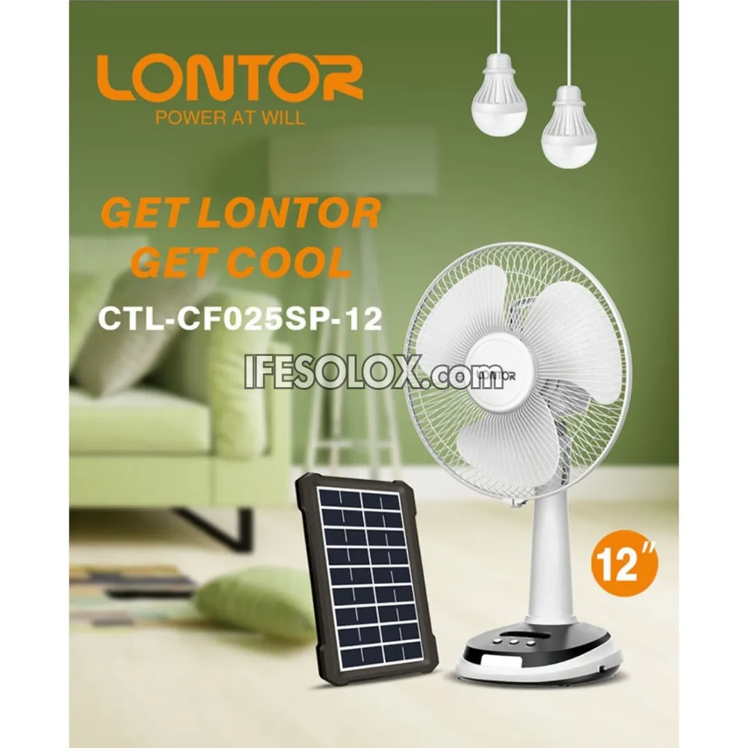 LONTOR 12" Rechargeable Solar Table Fan with 3-Blades, Harmonious Night Light and Solar Kit (CTL-CF025SP-12) - Brand New