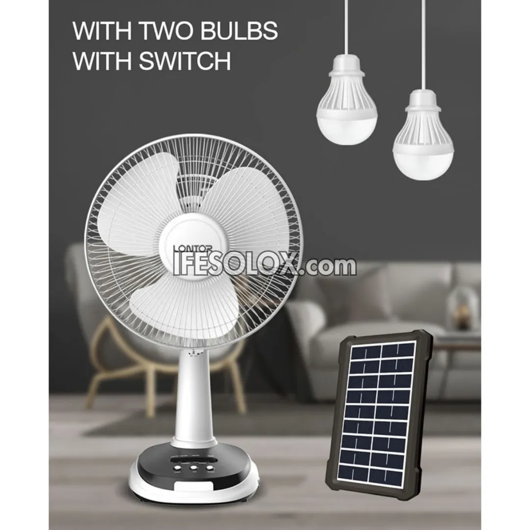 LONTOR 12" Rechargeable Solar Table Fan with 3-Blades, Harmonious Night Light and Solar Kit (CTL-CF025SP-12) - Brand New