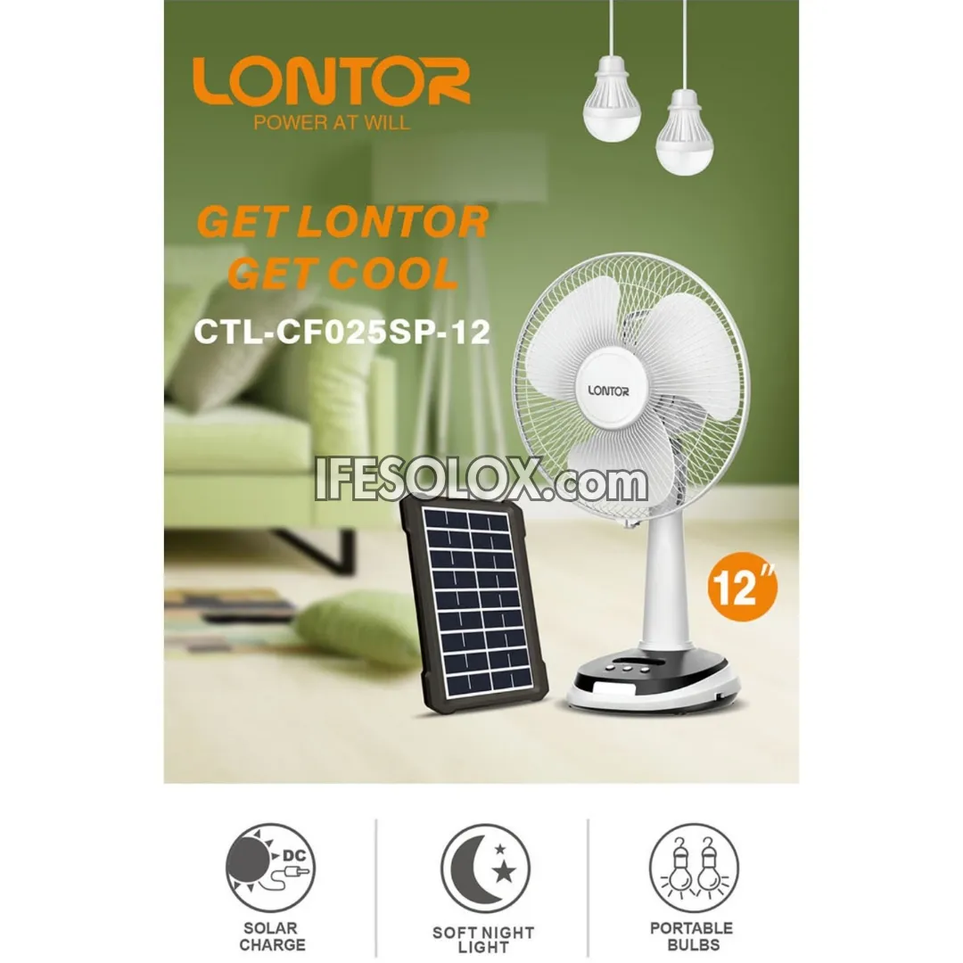 LONTOR 12" Rechargeable Solar Table Fan with 3-Blades, Harmonious Night Light and Solar Kit (CTL-CF025SP-12) - Brand New