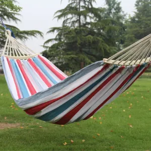 Outdoor Double Thickened Canvas Hammock Indoor Swing with Detachable Curved Rod, Size:200x100cm(Red White Stripe)