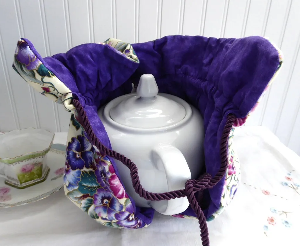 Pansies Tea Cozy Padded Pink Blue Lavender Gold Purple lining USA Handmade