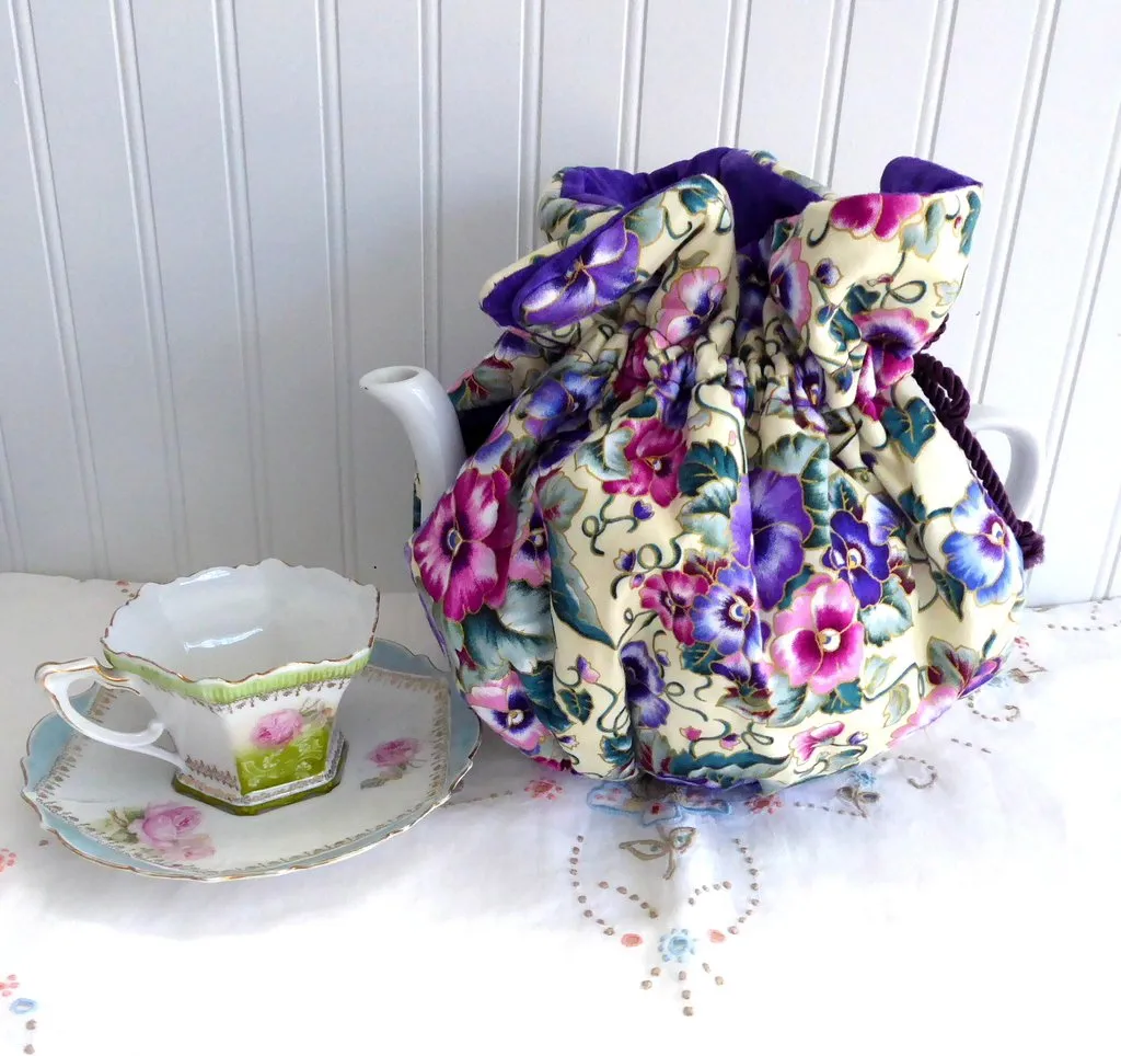 Pansies Tea Cozy Padded Pink Blue Lavender Gold Purple lining USA Handmade