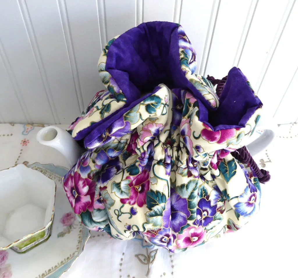 Pansies Tea Cozy Padded Pink Blue Lavender Gold Purple lining USA Handmade