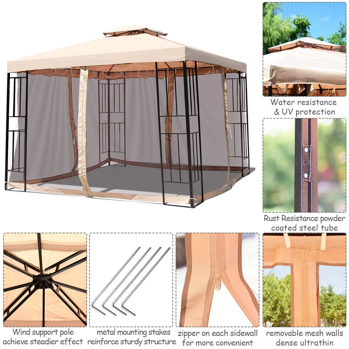 Tangkula Outdoor Canopy Gazebo Steel Frame Heavy Duty Garden Lawn Patio House Party Canopy Home Patio Garden Structures Gazebos W/Netting