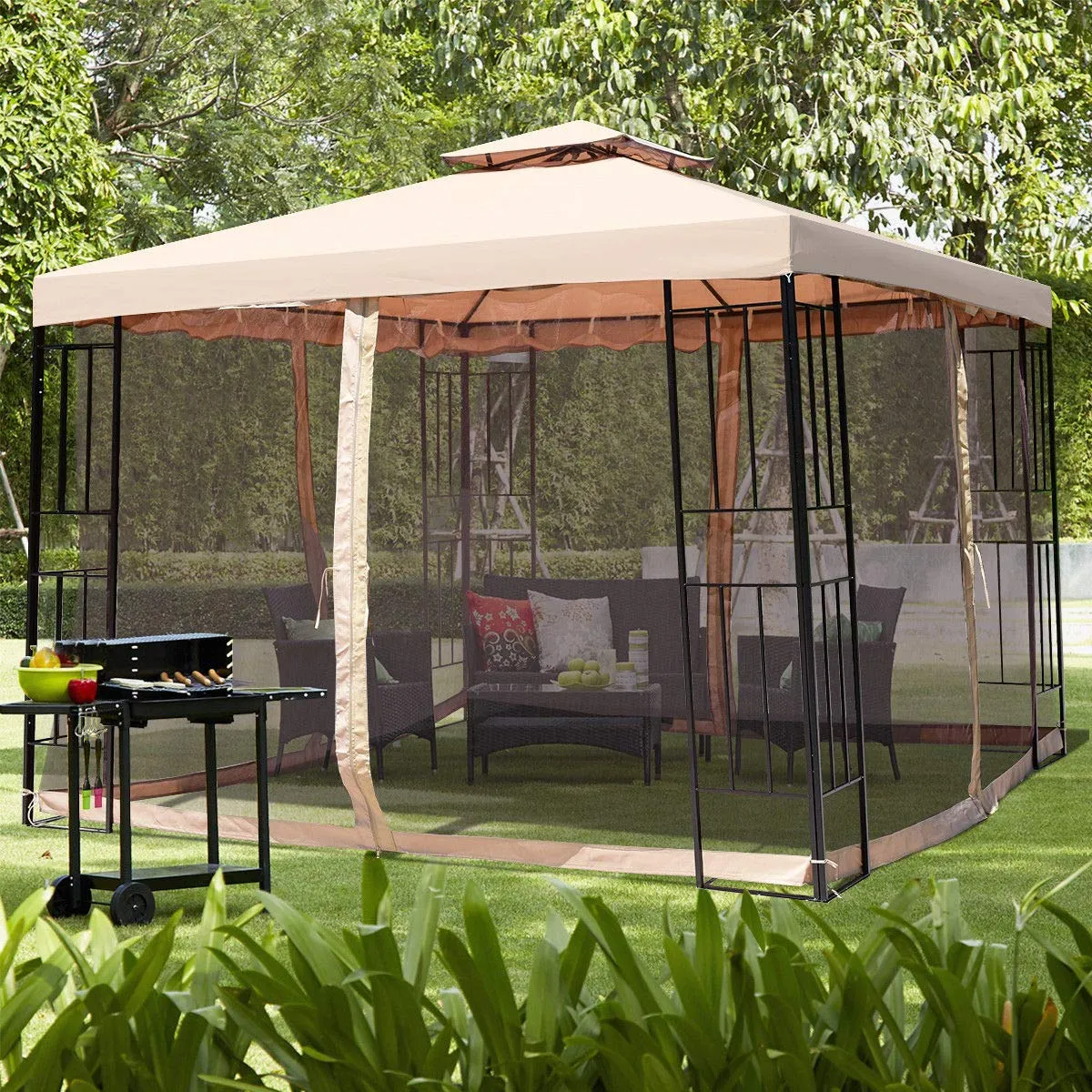 Tangkula Outdoor Canopy Gazebo Steel Frame Heavy Duty Garden Lawn Patio House Party Canopy Home Patio Garden Structures Gazebos W/Netting