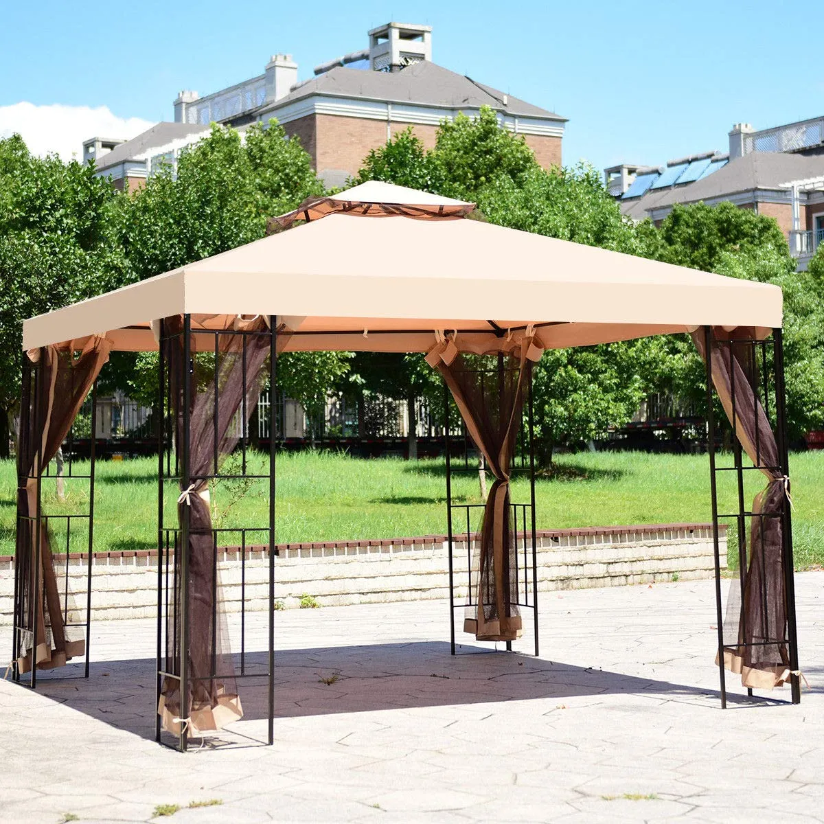 Tangkula Outdoor Canopy Gazebo Steel Frame Heavy Duty Garden Lawn Patio House Party Canopy Home Patio Garden Structures Gazebos W/Netting