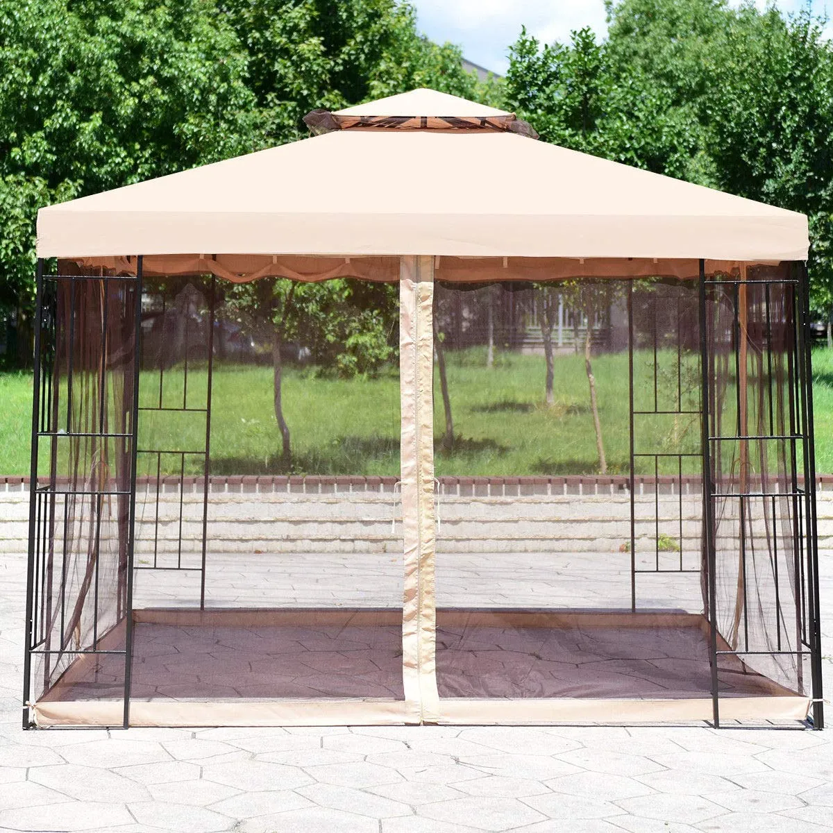 Tangkula Outdoor Canopy Gazebo Steel Frame Heavy Duty Garden Lawn Patio House Party Canopy Home Patio Garden Structures Gazebos W/Netting