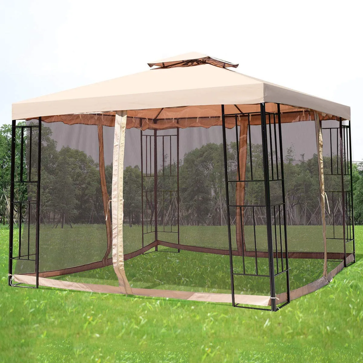 Tangkula Outdoor Canopy Gazebo Steel Frame Heavy Duty Garden Lawn Patio House Party Canopy Home Patio Garden Structures Gazebos W/Netting