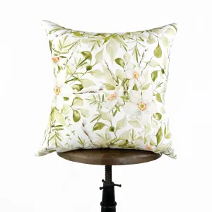 White Flower Green Leaves Spring Pattern | Spring Décor | Easter Decorative Pillow | Farmhouse Décor | Hand-Made Throw Pillow |